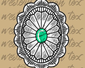 PNG Download, Türkis Concho, Anhänger PNG, Western Schmuck, Ring Halskette Gürtel Ohrringe Western Cowboy Cowgirl Tshirt Shirt Shirt, Kürbisblüte