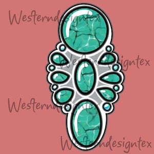 Könnte beinhalten: Ein türkisfarbener Anhänger aus Silber mit einem großen zentralen Stein und kleineren Steinen, die ihn umgeben. Der Anhänger hat die Form einer Träne.