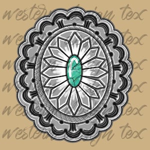 PNG Download, Türkis Concho, Anhänger PNG, Western Schmuck, Ring Halskette Gürtel Ohrringe Western Cowboy Cowgirl Tshirt Shirt Shirt, Kürbisblüte