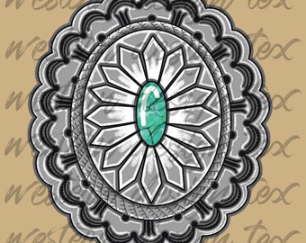 PNG Download, Türkis Concho, Anhänger PNG, Western Schmuck, Ring Halskette Gürtel Ohrringe Western Cowboy Cowgirl Tshirt Shirt Shirt, Kürbisblüte