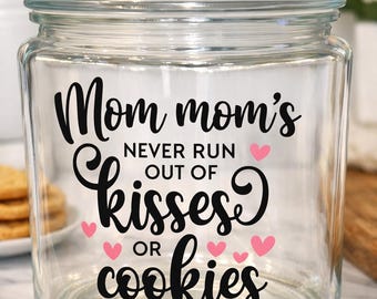 Personalized Mom Mom’s Glass Cookie Jar, "Kisses or Cookies" Kitchen Decor