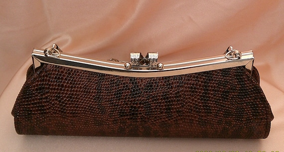 Vintage Faux Vegan Leather Clutch Rhinestones Sil… - image 2