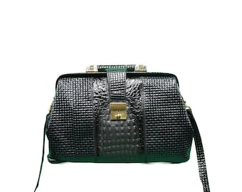 Vintage Genuine Leather Women's Work Briefcase Handbag Doctors Bag Croc Embossed Leather