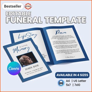Simple Navy Blue Funeral Program Template | Editable Memorial Service Program, Printable Obituary for Funeral