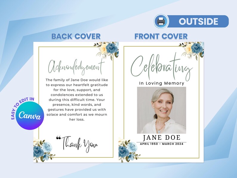 Watercolor Floral Funeral Program Template Customizable Obituary for