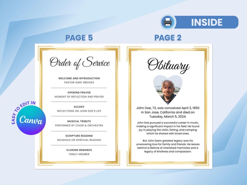 Elegant Gold Funeral Program Template Printable Obituary for Memorial