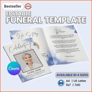 Blue Watercolor Funeral Program Template | Editable Memorial Service Program, Printable Obituary for Funeral