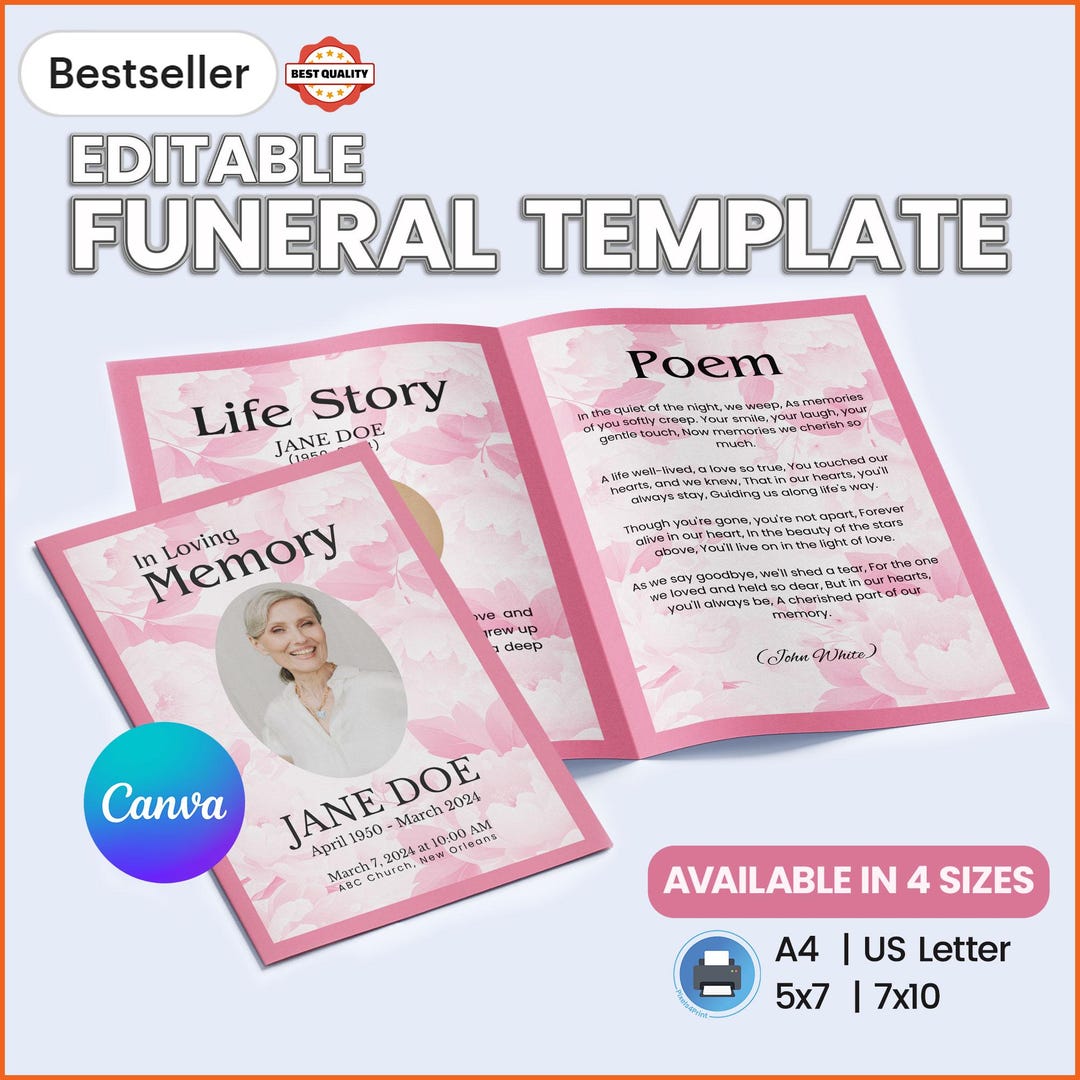 Soft Floral Pink Funeral Program Template Customizable Obituary for ...