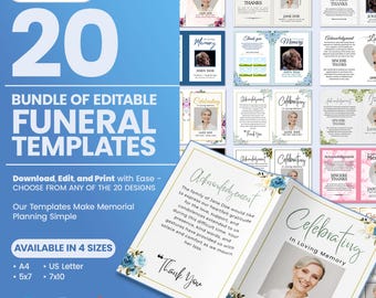 May include: A set of 20 editable funeral templates in various designs. The templates are available in four sizes: A4, 5x7, US Letter, and 7x10. The templates feature floral designs and the text "Celebrating in Loving Memory".