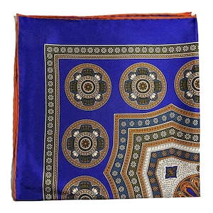 Royal Indigo & Orange Geometric Medallion - Silk Twill Pocket Square (Hand-Rolled in England)