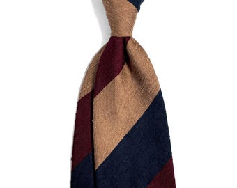 Unlined Red / Navy Blue / Beige Block Stripe Silk Shantung Tie (Handmade in Italy)