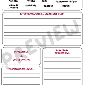 May include: A white therapy session documentation form with black text and red headers. Sections include Client Name, Date, Time, Place of Service, Participants, Interventions/Skill Strategies Used, Supervision, Plan/BCBA Suggestions, and Barriers/Challenges.