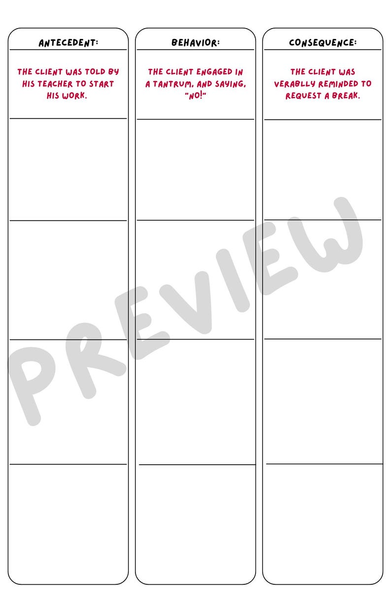 May include: A white worksheet with three vertical columns labeled Antecedent, Behavior, and Consequence. The first row contains text in red: The client was told by his teacher to start his work, The client engaged in a tantrum, and saying, No!, and The client was verbally reminded to request a break.