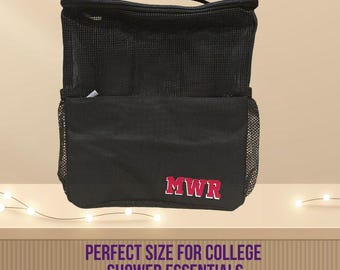 Personalized Shower Caddy Monogrammed Black Mesh Organizer Quick Dry Hanging Bag Dorm Bathroom Travel Essentials Portable Carrier Custom