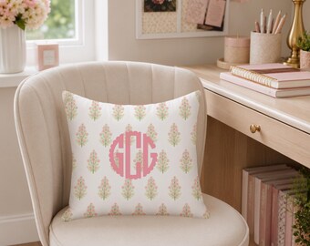 Personalized Floral Cute Throw Pillow Cover Pink Botanical Dorm Pillow Cottagecore Monogram Pillow Cottagecore Floral Dorm Decor scalloped
