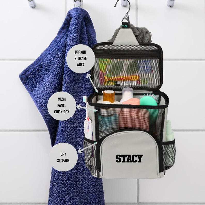 Custom mesh shower caddy with name embroidery, displayed on a door hook for dorm or travel use.