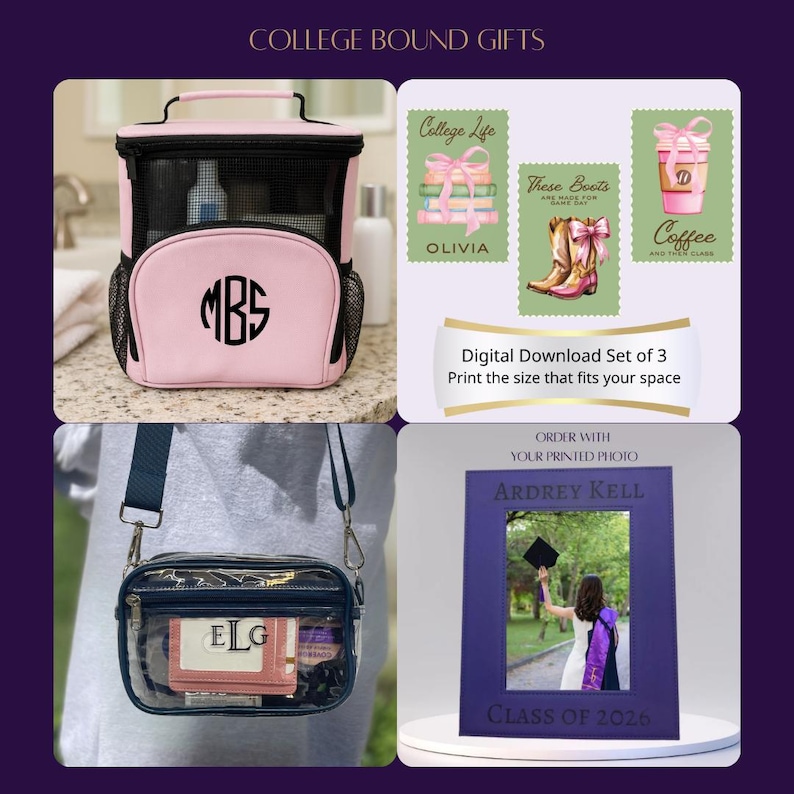 Op de afbeelding: Een collage van cadeaus met een collegethema. Bevat een roze koeltas met een zwart mesh bovenstuk en monogram, een doorzichtige crossbodytas met een portemonnee en een ingelijste afstudeerfoto. Ook digitale downloadprints worden getoond.