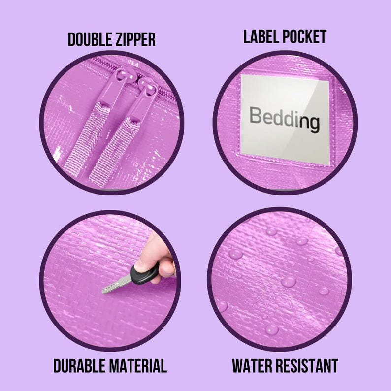 Op de afbeelding: Een close-up van een paarse opbergtas met kenmerken gemarkeerd in cirkelvormige inzetstukken. De inzetstukken tonen een dubbele ritssluiting, een labelzak met het woord "Bedding", duurzaam materiaal en waterbestendigheid.