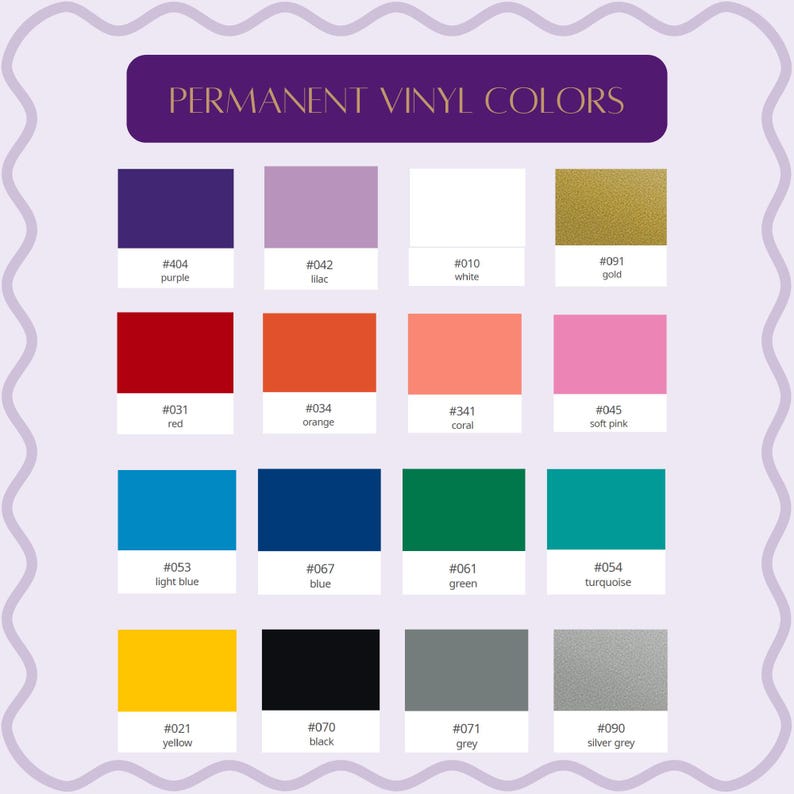 Op de afbeelding: Een kleurenkaart met stalen van permanente vinylkleuren. De kaart bevat een verscheidenheid aan kleuren zoals paars, lila, wit, goud, rood, oranje, koraal, zachtroze, lichtblauw, blauw, groen, turkoois, geel, zwart, grijs en zilvergrijs.