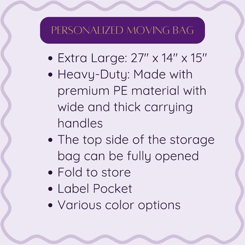 Op de afbeelding: Een paarse banner met de tekst "PERSONALIZED MOVING BAG". Kenmerken zijn extra groot formaat (68,5 cm x 35,5 cm x 38 cm), heavy-duty PE-materiaal, brede handvatten, een volledig te openen bovenkant, opvouwbaarheid, een etiketvak en diverse kleuropties.