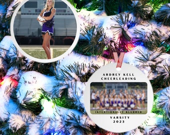 Personalized, double-sided photo ornament for your tree.  Sports, school clubs, scouts, classes, capture your memories for years to come.