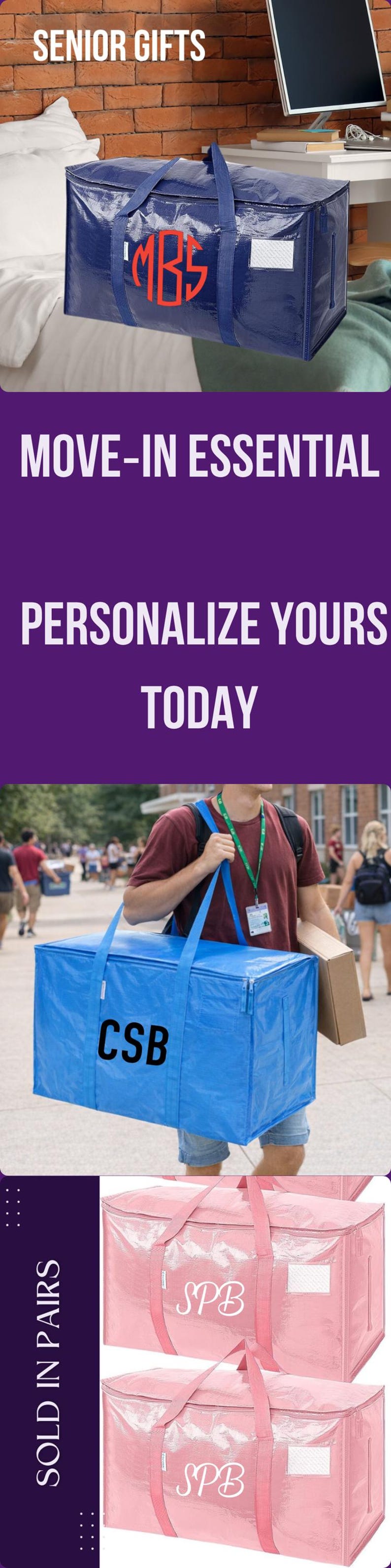 Op de afbeelding: Blauwe en roze gepersonaliseerde opbergtassen met handvatten. De tassen hebben aangepaste initialen in een contrasterende kleur. De afbeelding bevat ook de tekst "Senior Gifts", "Move-In Essential" en "Personalize Yours Today".
