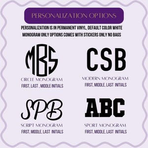 Op de afbeelding: Afbeelding met personalisatie-opties voor monogrammen. Er worden vier monogramstijlen getoond: Cirkel, Modern, Script en Sport. Elke stijl toont voorbeelden van initialen en instructies voor voor-, achternaam- en tweede initialen. Tekst bovenaan geeft personalisatie details.