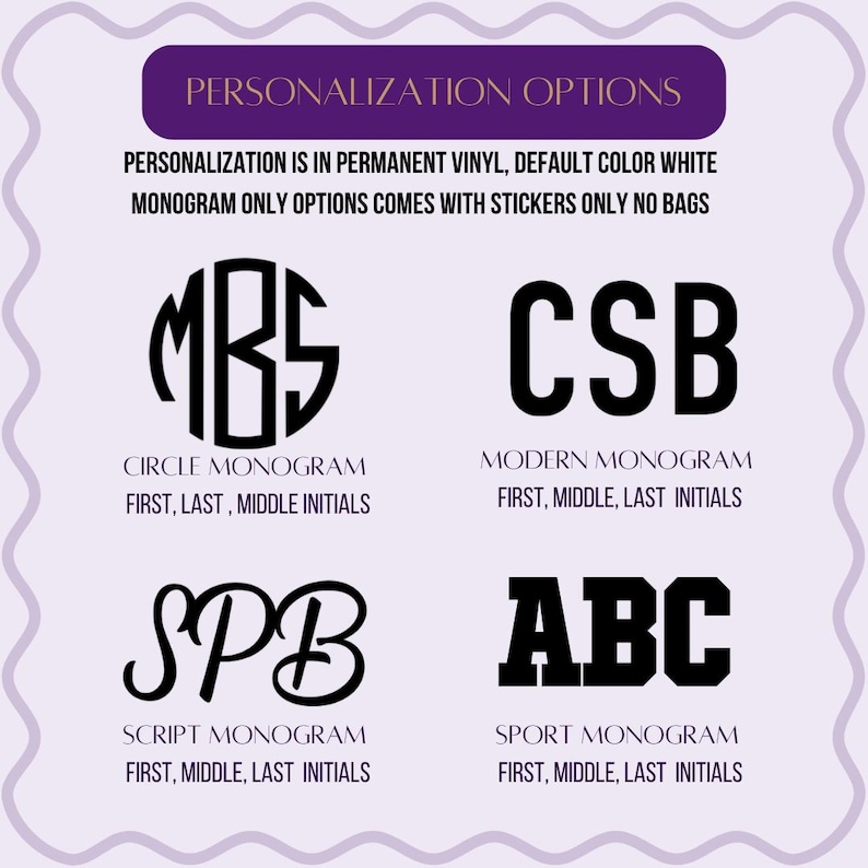 Op de afbeelding: Afbeelding met personalisatie-opties voor monogrammen. Er worden vier monogramstijlen getoond: Cirkel, Modern, Script en Sport. Elke stijl toont voorbeelden van initialen en instructies voor voor-, achternaam- en tweede initialen. Tekst bovenaan geeft personalisatie details.