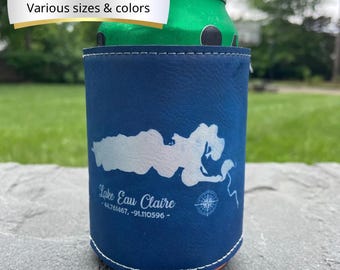 Lake Living Eau Claire Lake can holder Custom WI lake beer holder for boater Fishermen lake days personalized lake map beverage lake life