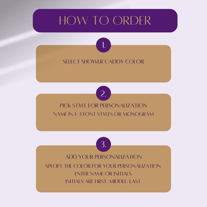 May include: An instructional graphic with a purple header reading HOW TO ORDER. Three numbered steps in purple circles are paired with tan rectangles. The text guides users to select a shower caddy color, pick a font style, and add personalization.