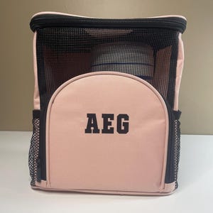 May include: A light pink rectangular storage bag with black trim and black mesh panels on the front and sides. The front features a semi-circular zippered pocket with the letters AEG printed in bold black block lettering in the center.