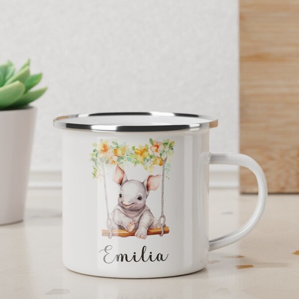 Kindertasse mit Namen und Nilpferd | Kindertasse personalisiert | Personalisierte Emailletasse | Geschenk | beidseitig bedruckt