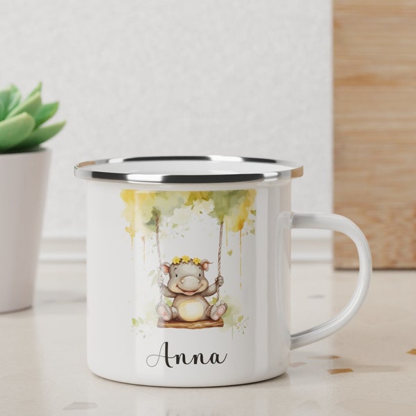 Kindertasse mit Namen und Nilpferd | Kindertasse personalisiert | Personalisierte Emailletasse | Geschenk | beidseitig bedruckt