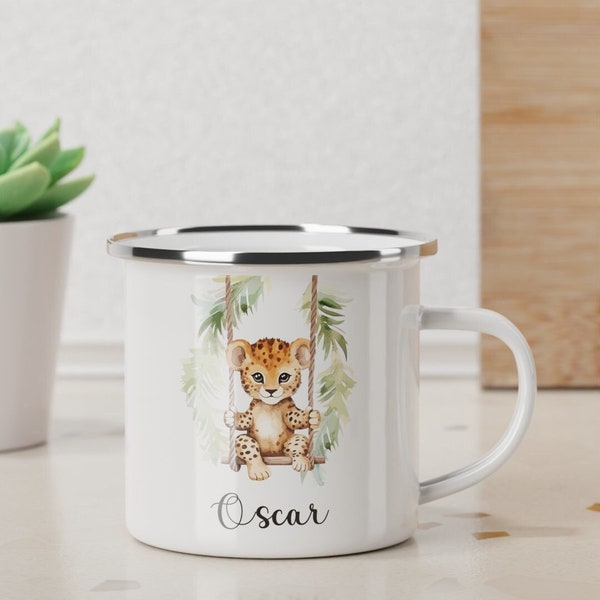 Kindertasse mit Namen und Leopard | Personalisierte Emailletasse | Kindertasse personalisiert | Geschenk | beidseitig bedruckt