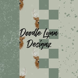 May include: A seamless pattern featuring a green and white checkered background with a brown deer head and white snow-like speckles. The text "Doodle Lynn Designz" is centered on the pattern.