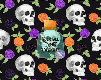 Skull floral seamless pattern, skull and roses repeating pattern, skull seamless pattern