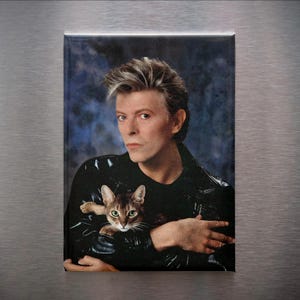 David Bowie Holding a Cute Cat Fridge Magnet, David Bowie Locker Magnet, Pop Culture Magnet, Cat Magnet, Music Fan Gift, 2.5 x 3.5 in