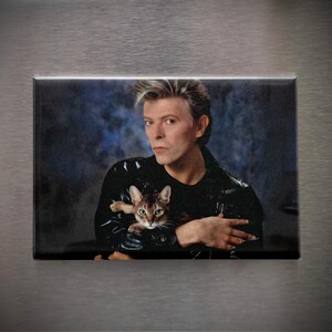 David Bowie Holding a Cute Cat Fridge Magnet, David Bowie Locker Magnet, Pop Culture Magnet, Cat Magnet, Music Fan Gift, 3.5 x 2.5 in
