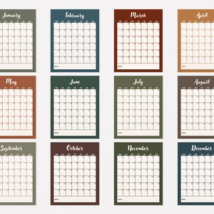 Monthly Calendar | Yearly Calendar | Printable Digital File | Blank Calendar | Deep Earthy Colours | Portrait Letter size