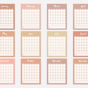 Monthly Calendar | Yearly Calendar | Printable Digital File | Blank Calendar | Pink Orange Boho Colours | Portrait Letter size