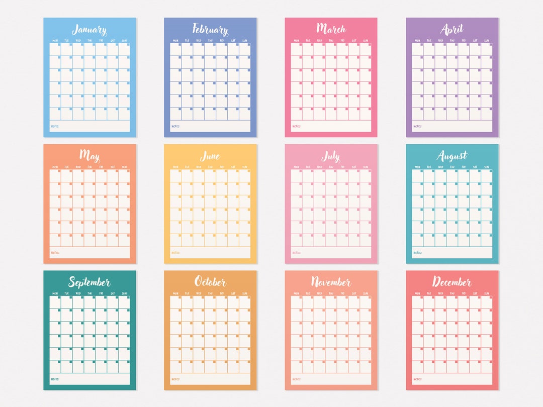 Monthly Calendar Yearly Calendar Printable Digital File