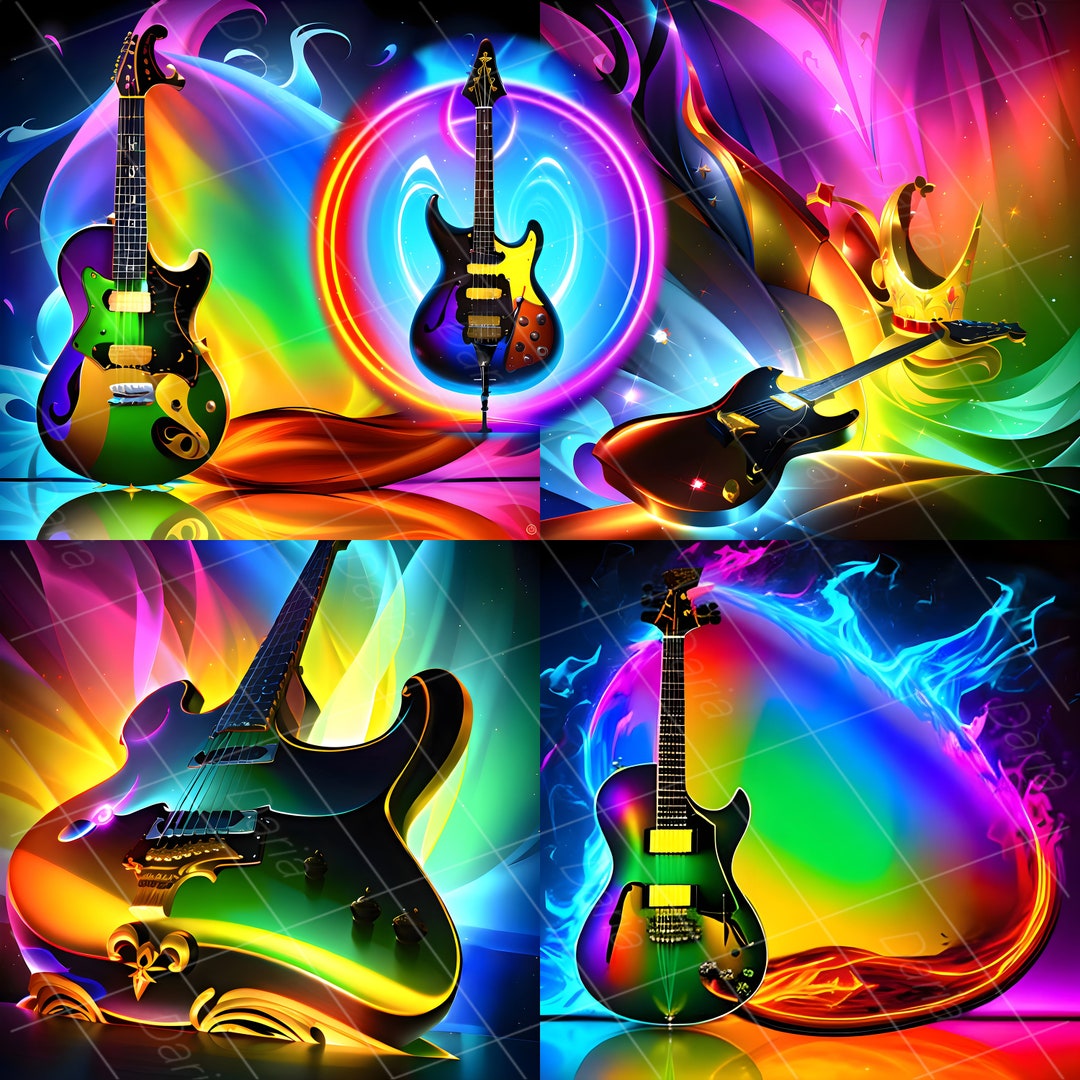 Neon Guitar Wallpaper Slowly Melting in Rainbow Flames Flame Etsy