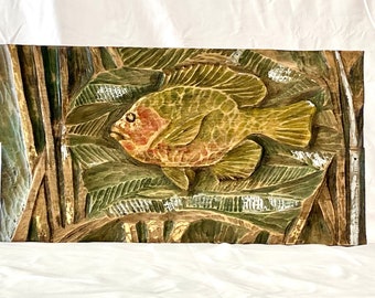 Hand carved Pumpkinseed fish, basswood, lakeside, cabin art, Midwest, Wisconsin,Minnesota, fish fry, ice house, you betcha,old fashion