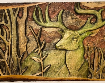 White tail deer hand carved wall art,stag,forest, woodland,rustic decor, wildlife scene,Midwestern art,elk,woodcarving,live edge wood,hunter