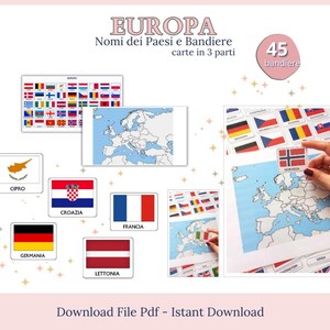 Geografia Europa Ispirata al Metodo Montessori - Nomi dei Paesi e Bandiere (Carte in Tre Parti)