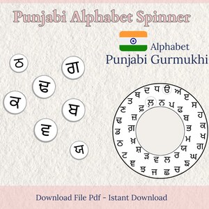 Può includere: Un spinner colorato con l'alfabeto punjabi scritto in scrittura Gurmukhi. Lo spinner è un cerchio con le lettere disposte attorno al bordo. Le lettere sono in bianco e nero. Lo spinner è su uno sfondo bianco. Il testo "Alphabet Punjabi Gurmukhi" è scritto in nero nella parte superiore dell'immagine.