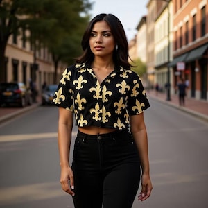 May include: Black and gold fleur-de-lis print crop top with short sleeves. The top is buttoned and paired with black jeans. The shirt's pattern features a repeating gold fleur-de-lis design on a black background. The outfit is worn outdoors.
