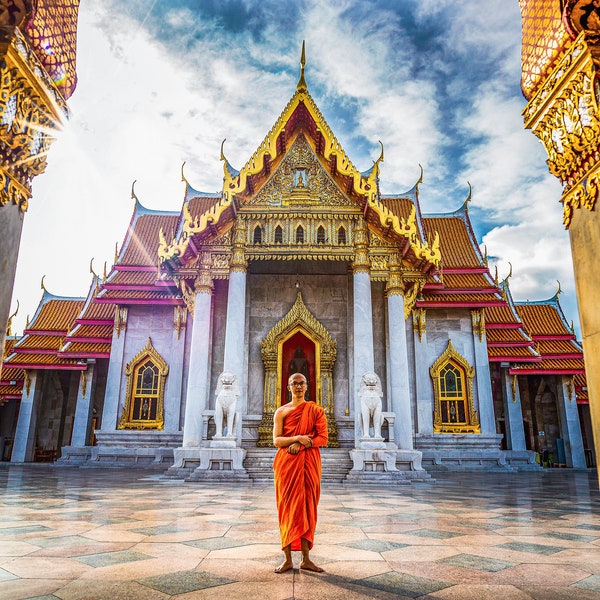 Bangkok Monk at the Temple, Thailand. Wall art picture print.