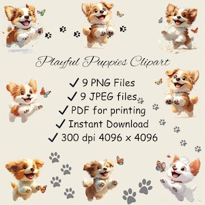 Playful Puppies Clip art - Set of 9 Digital Illustrations | Cute Dog PNG Files for Sublimation & Crafts
