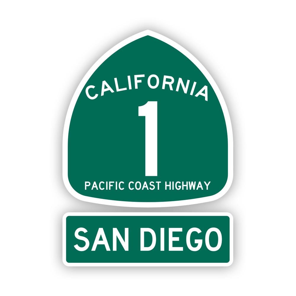 PCH 1 San Diego Sign Sticker - Decal - American Made - UV Protected - pch1 pacific coast highway shield